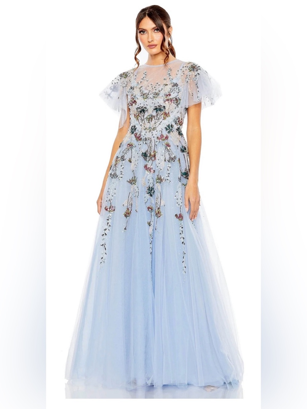 NWT Mac Duggal 20436 Light Blue Periwinkle Embroidered Tulle Puffy A-Line Gown